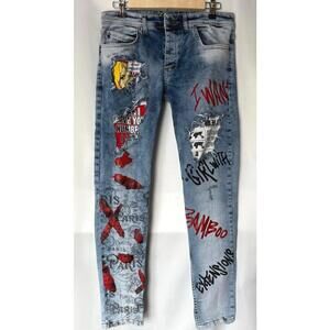 X-WAY Distressed Graphic Light Wash Denim Jeans with Button Fly Size 32